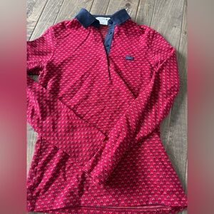 Lacoste Red Striped Long Sleeve Polo with Navy Accents size 32